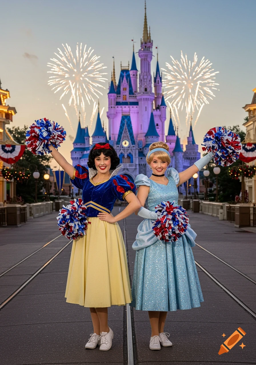 Snow White and Cinderella in cheerleader outfits holding pom-poms, standing on a street in front of a Disney castle with fireworks.