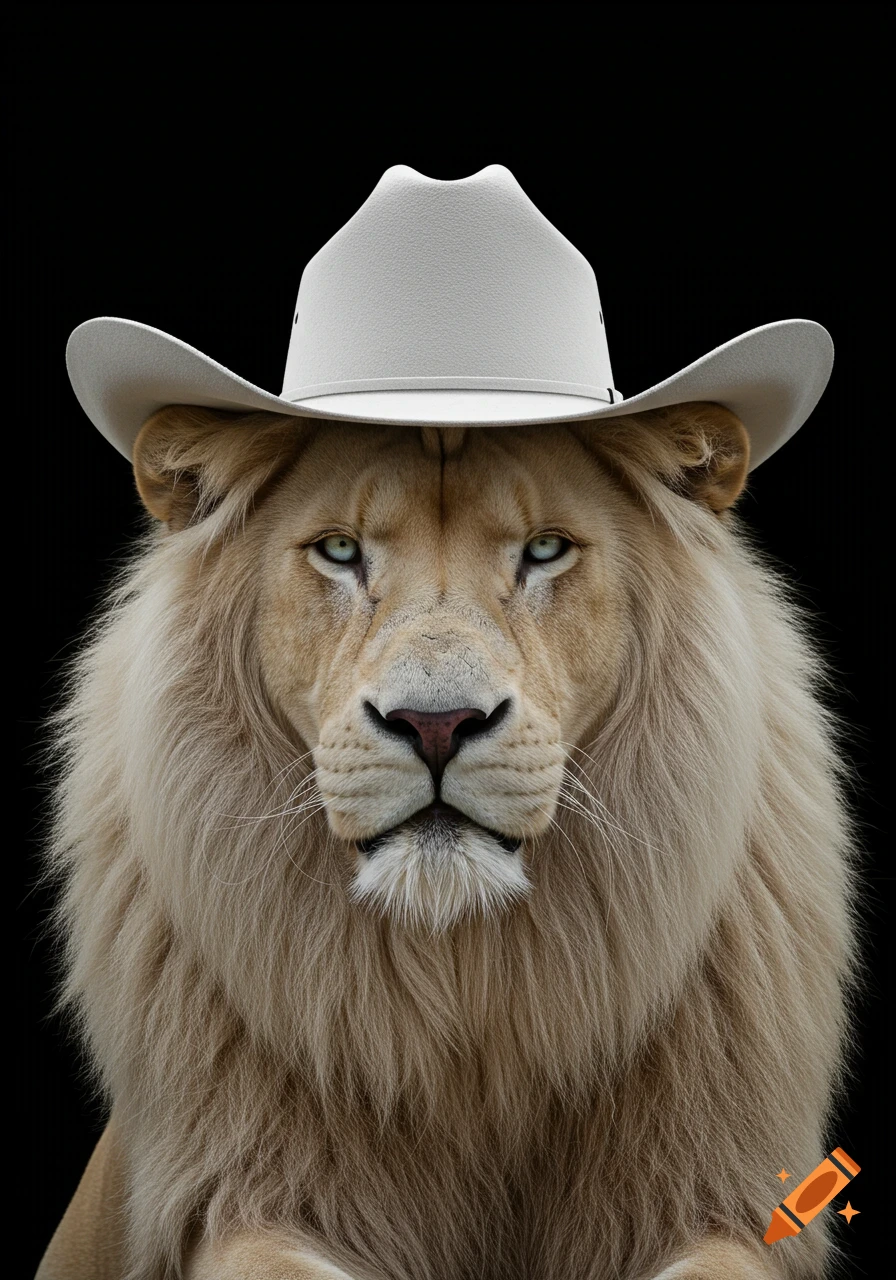 Photorealistic portrait of a white lion wearing a white cowboy hat against a black background.
