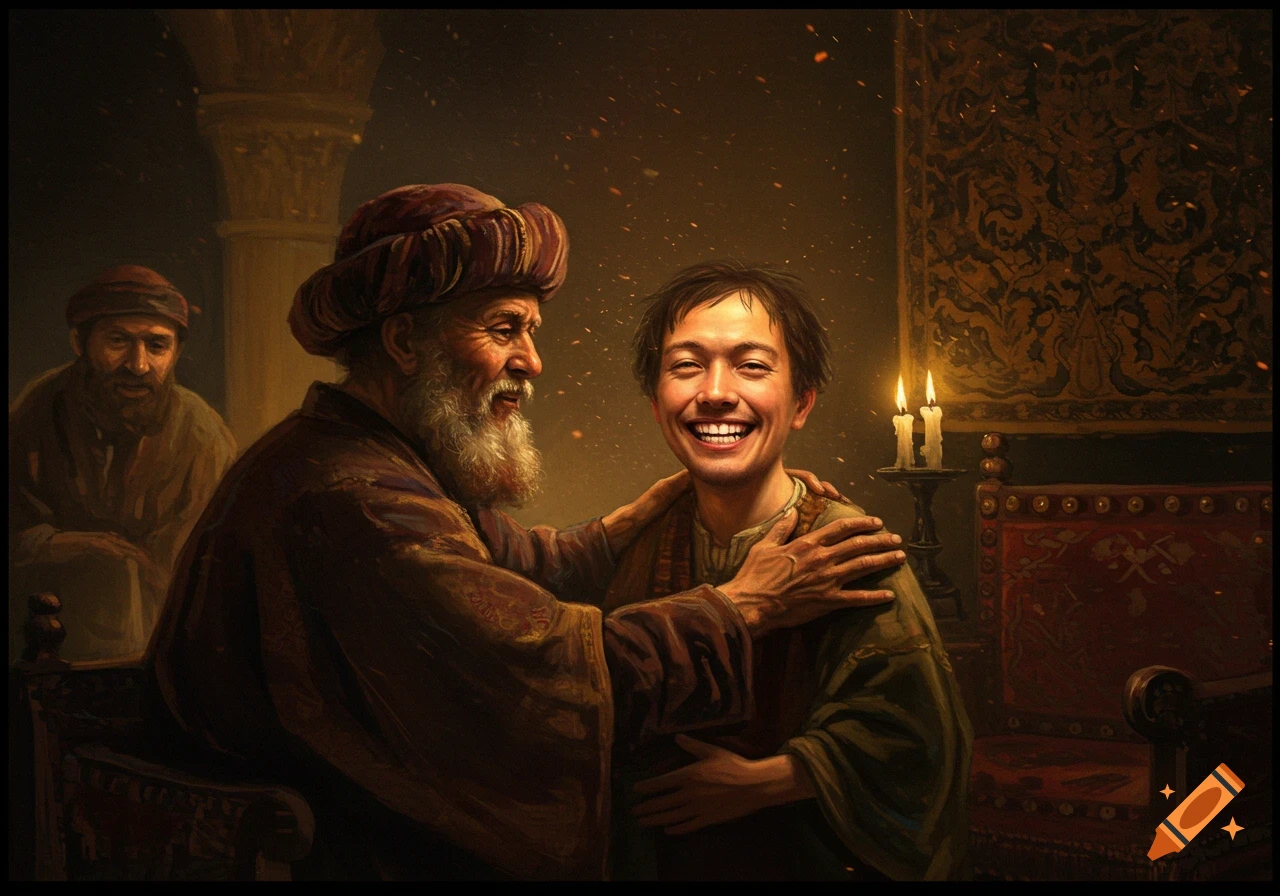 A painting in Rembrandt style shows an older man placing a hand on a smiling younger man's shoulder in a dimly lit room.