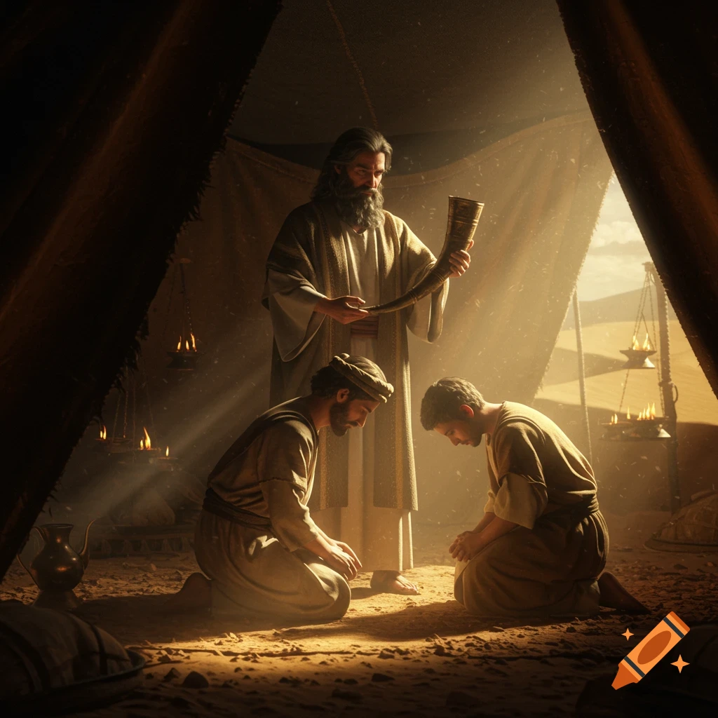 Three men in ancient robes inside a sunlit desert tent, one standing holding a horn over two kneeling men.