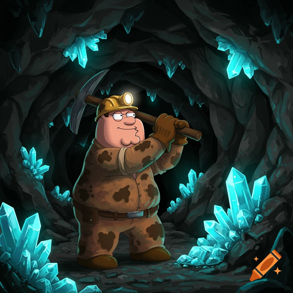 Peter Griffin as a miner in a dark cave with glowing blue crystals, holding a pickaxe.