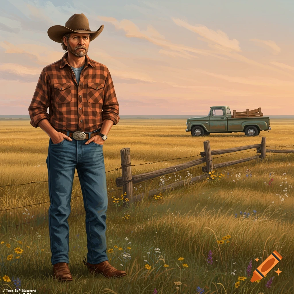 A man in a cowboy hat and plaid shirt stands in a golden field with an old pickup truck in the background.