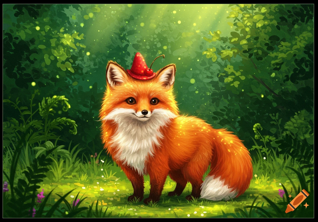 A cute, fluffy orange and white fox wearing a red cherry-like hat stands in a lush green forest with glowing light particles.