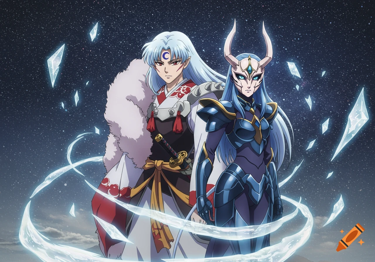 Two anime characters, one with long white hair and a red crescent on his forehead, and another in blue and gold armor with a horned mask, stand against a starry sky with ice shards.