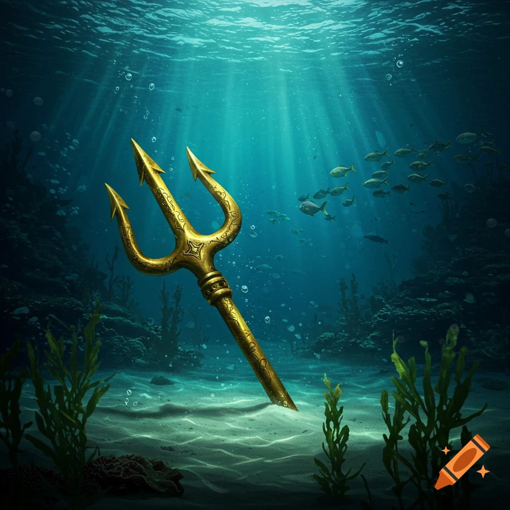A golden trident rests on the sandy ocean floor amidst sunbeams, fish, and coral, deep underwater.