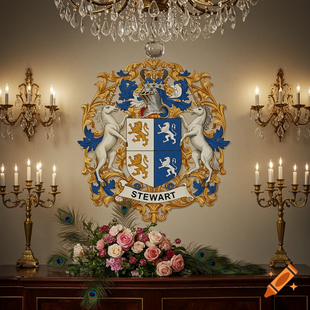 An ornate Rococo Stewart family crest on a wall, with flowers, candelabras, and a chandelier in a grand room.
