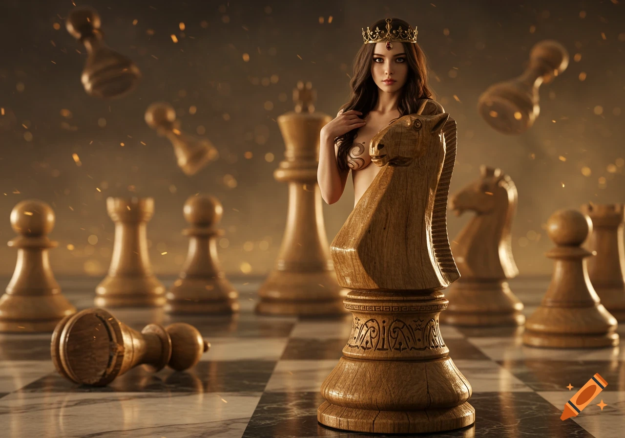 A regal woman with a crown, her lower body a wooden chess knight, stands on a marble board with other pieces in a golden-lit fantasy realism scene.