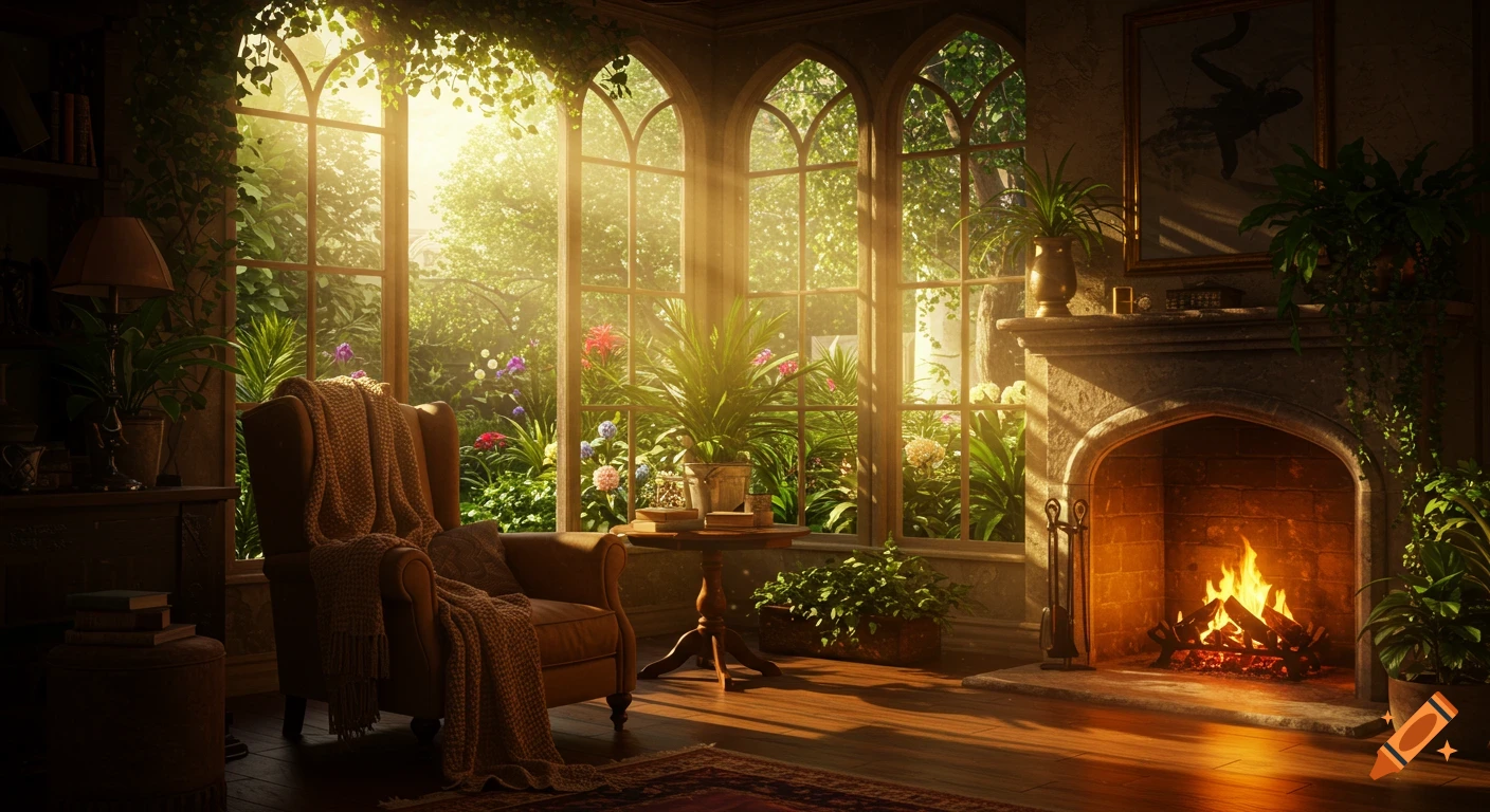 A cozy sitting room with a fireplace and a large window looking out onto a sunlit, lush garden.