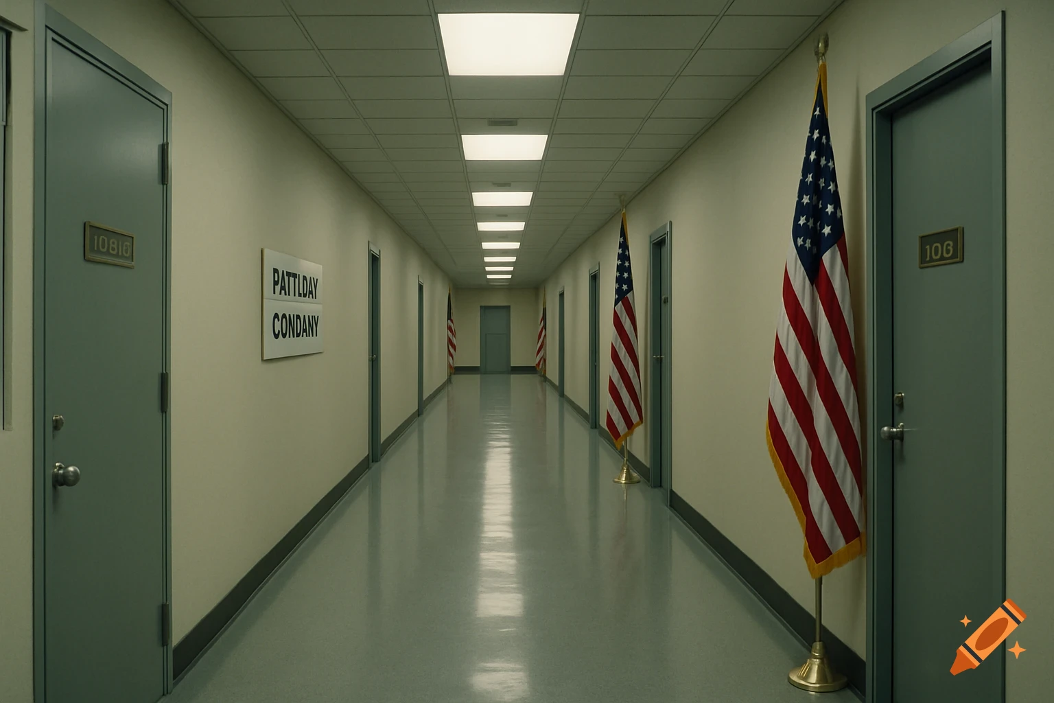A long, photorealistic institutional hallway with fluorescent lights, several closed doors, and multiple American flags displayed along the walls.