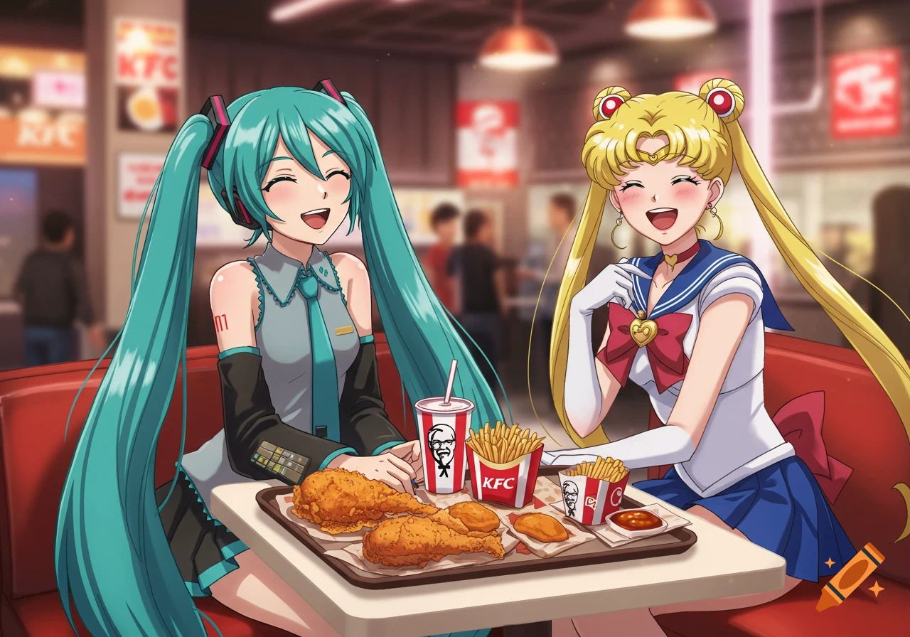Hatsune Miku and Sailor Moon smiling and eating fried chicken and fries at a KFC restaurant.