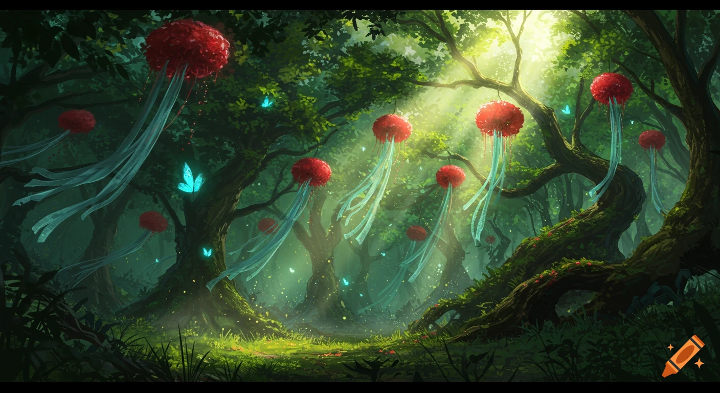 A vibrant fantasy forest with sunlight filtering through green trees, red glowing orb-like flowers with blue ribbons, and luminous blue butterflies.