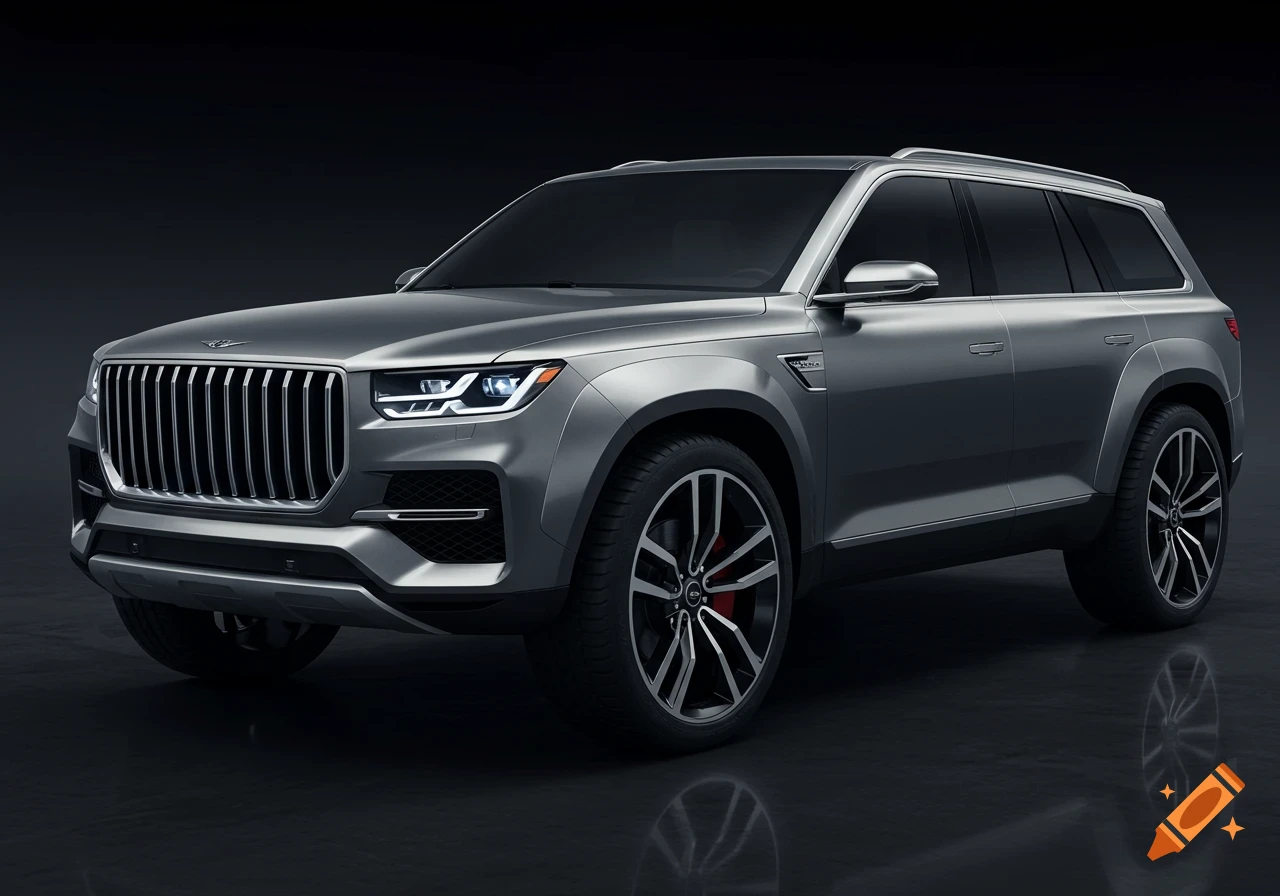 A photorealistic silver SUV with a large vertical grille and sharp headlights, viewed from the front-left on a dark background with ground reflections.