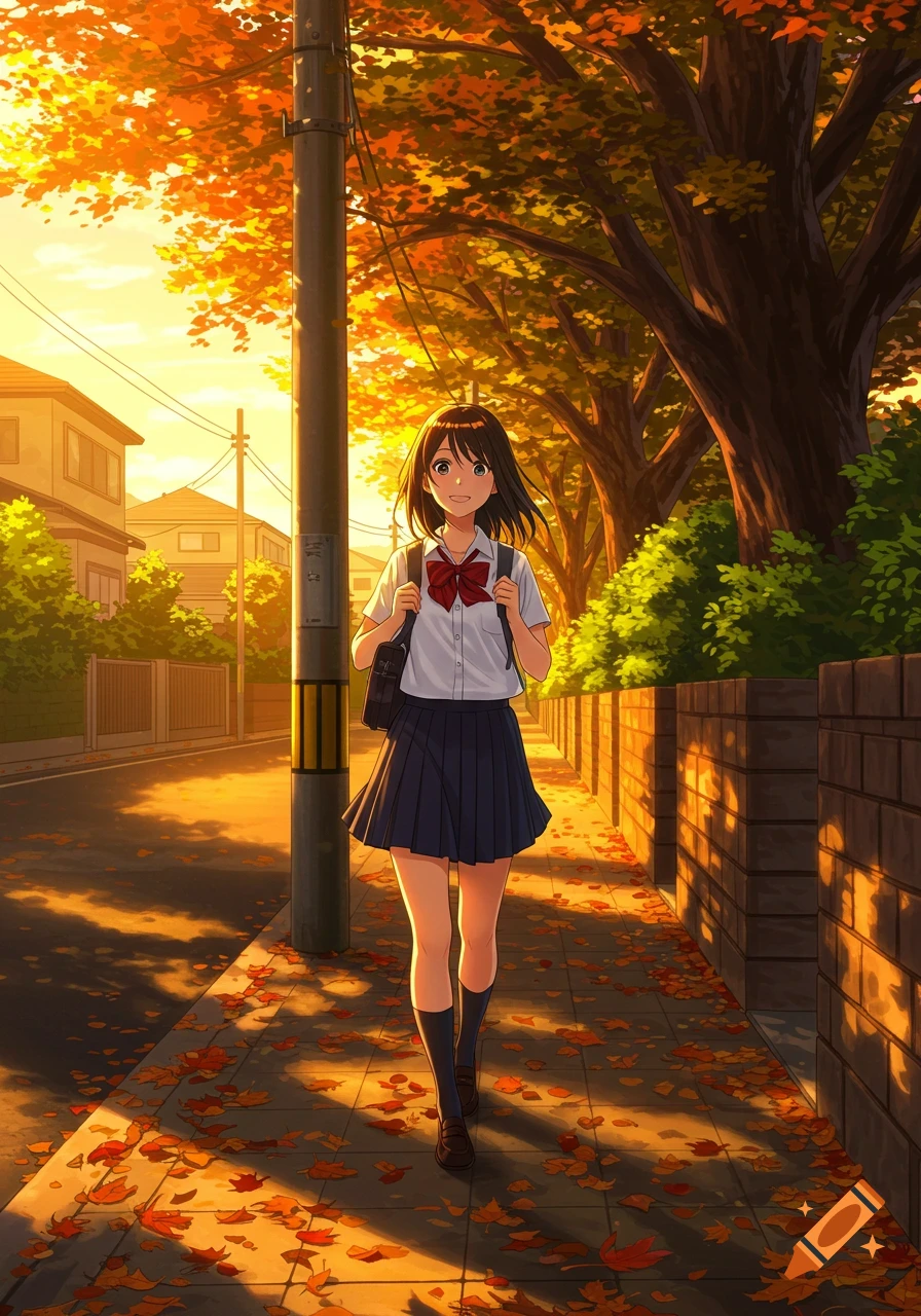 An anime schoolgirl walks down an autumn sidewalk at sunset, carrying a backpack. Leaves litter the ground.