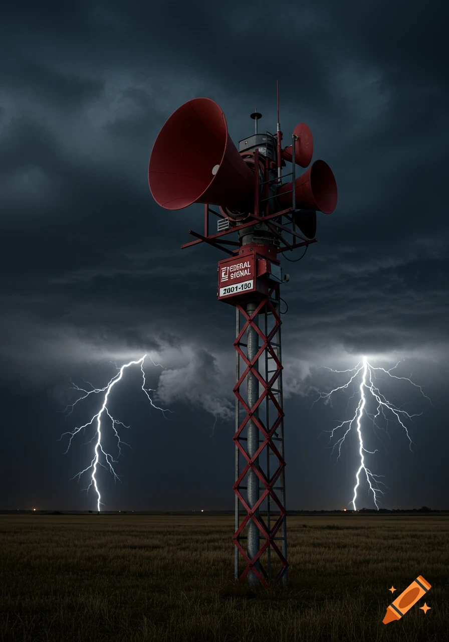 A red warning siren tower stands in a field under a dark stormy sky with two lightning bolts, photorealistic.