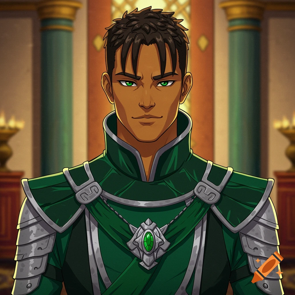 An animated young male character with olive skin, green eyes, and short dark hair, wearing a green and silver regal outfit.