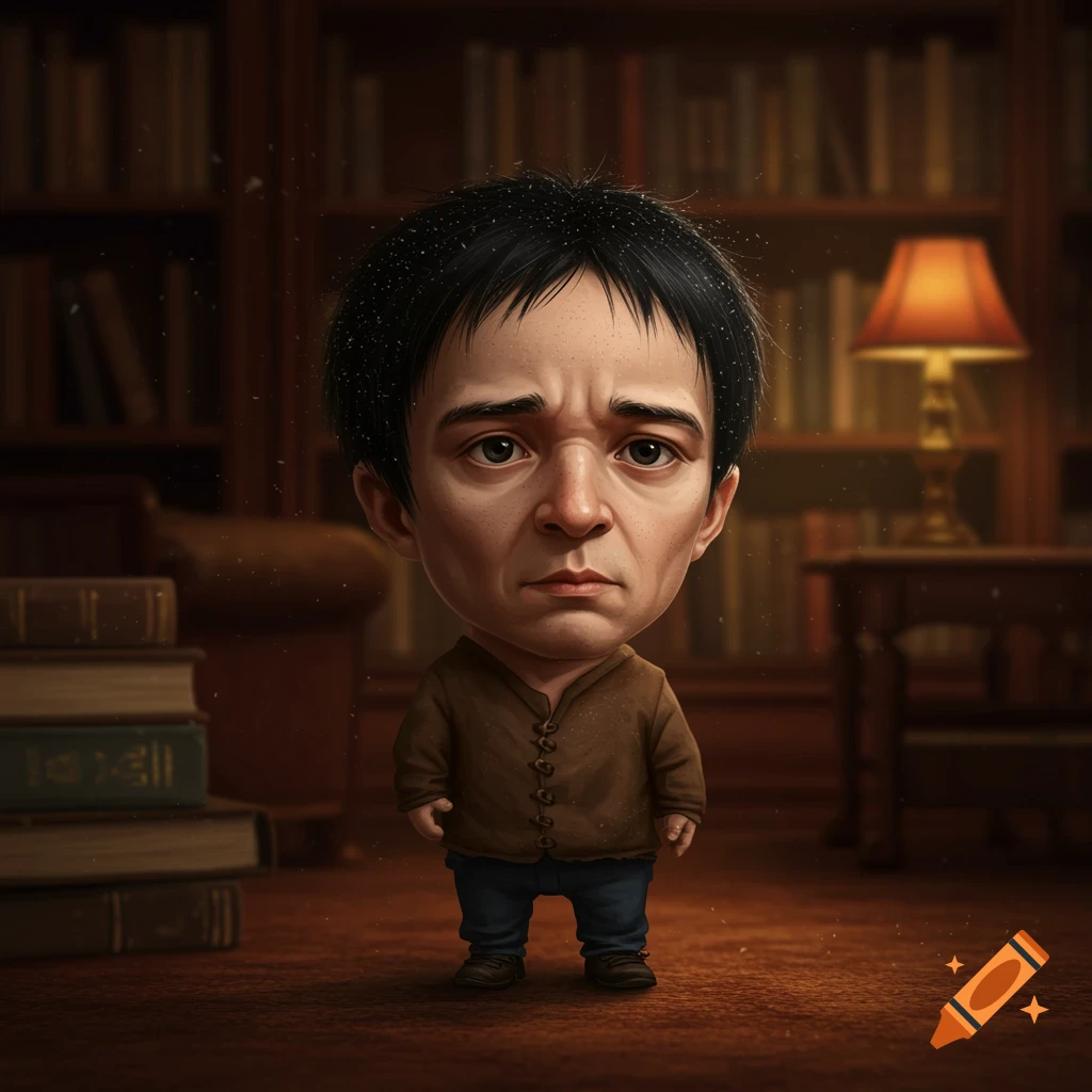 A stylized caricature of a small person with a large head, black hair, and dandruff, wearing a brown shirt and blue pants, standing in a library.