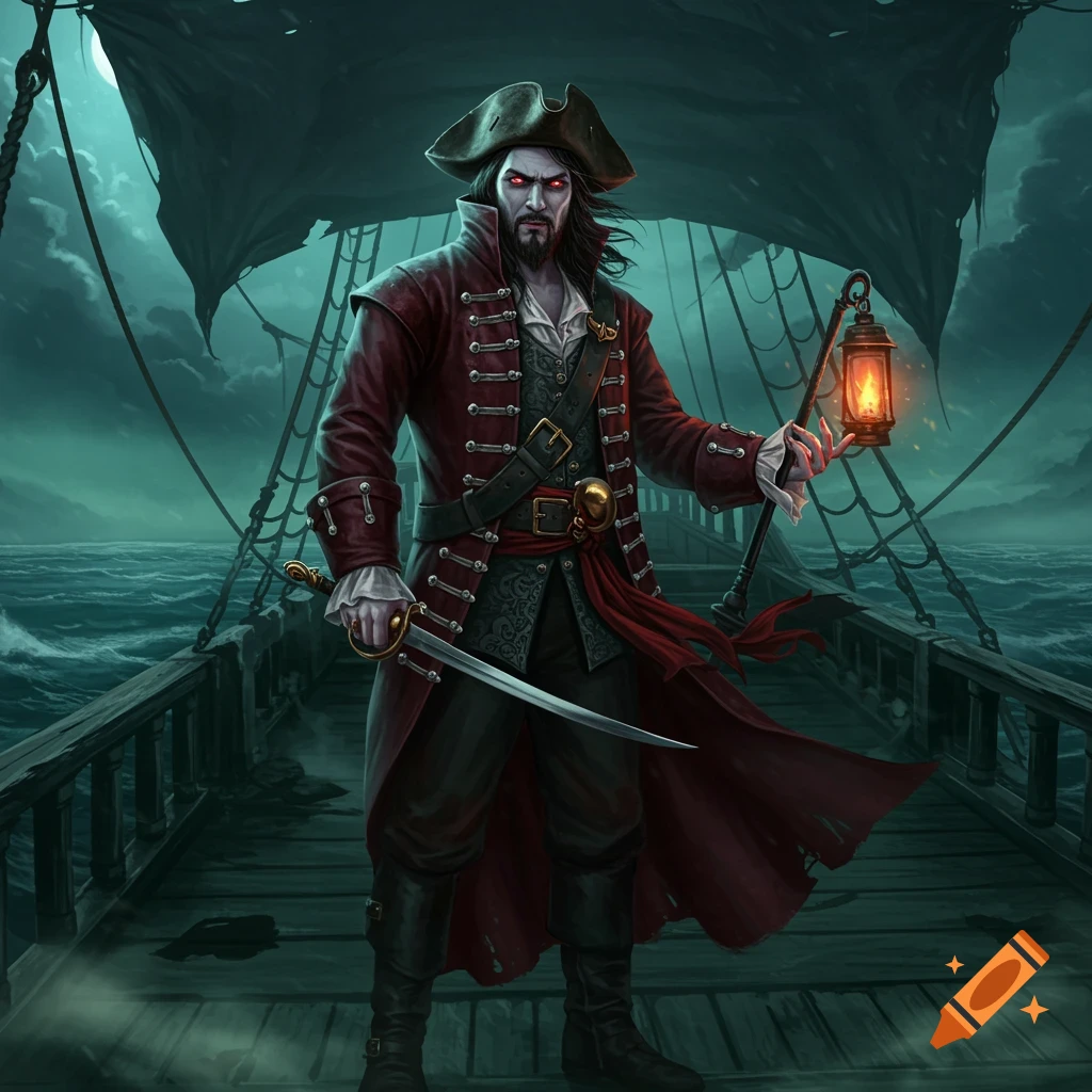 A dark fantasy illustration of a vampire pirate with glowing red eyes, standing on a ship deck at night, holding a sword and a glowing lantern.