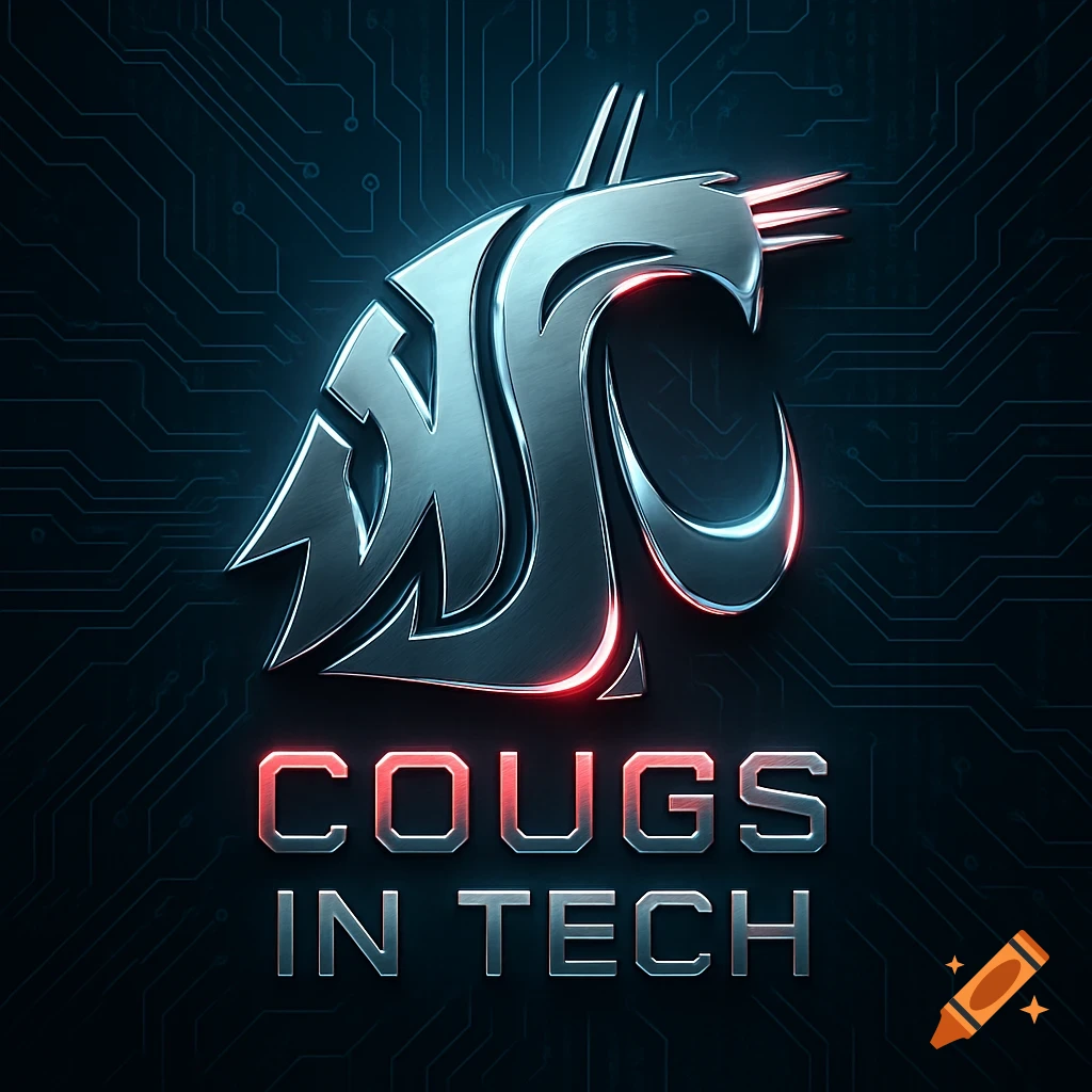 Metallic Washington State University cougar logo above 'COUGS IN TECH' text on a circuit board background.