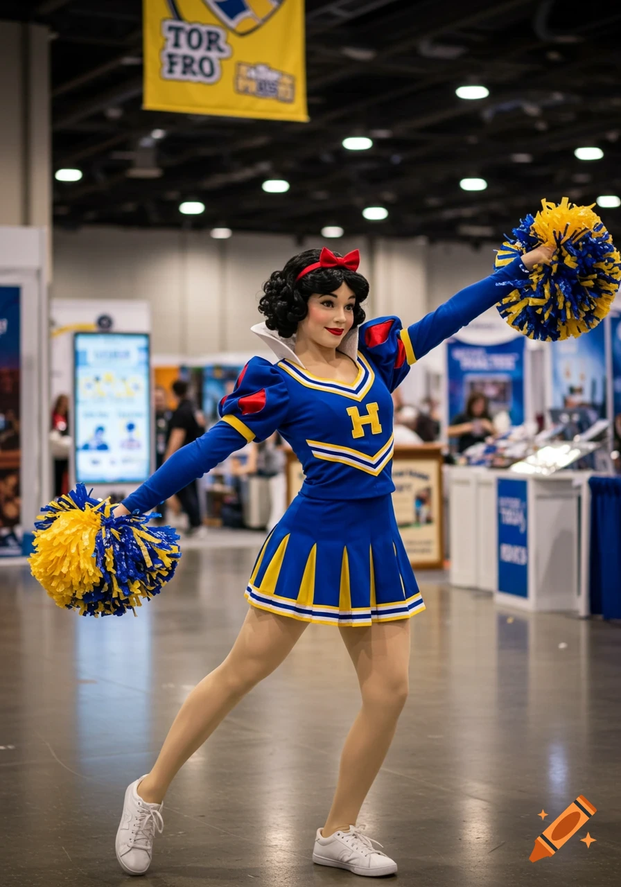 A cosplayer dressed as Snow White in a blue and yellow cheerleader uniform holding pom-poms at a trade show.