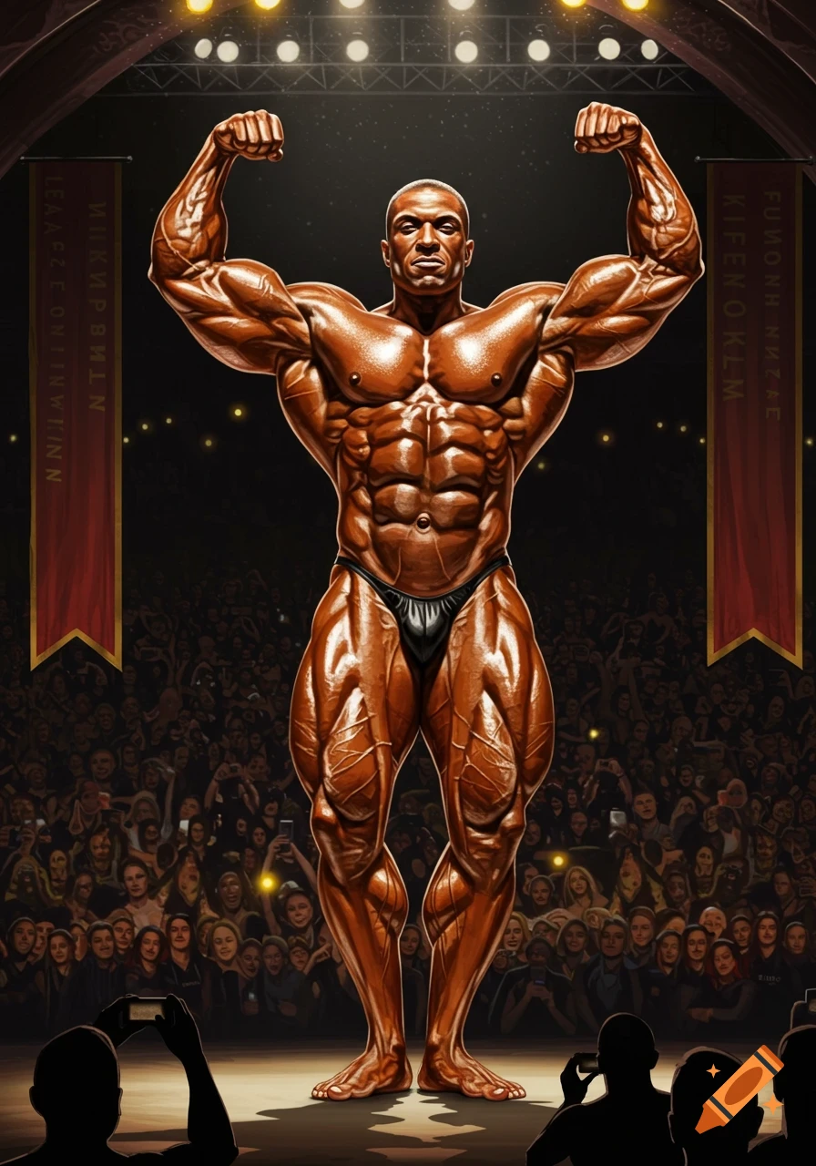 A muscular male bodybuilder poses on a brightly lit stage in front of a cheering crowd.