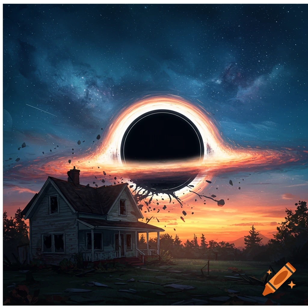 An old house stands under a cosmic sky with a glowing black hole hovering above it, pulling debris into its event horizon during sunset.
