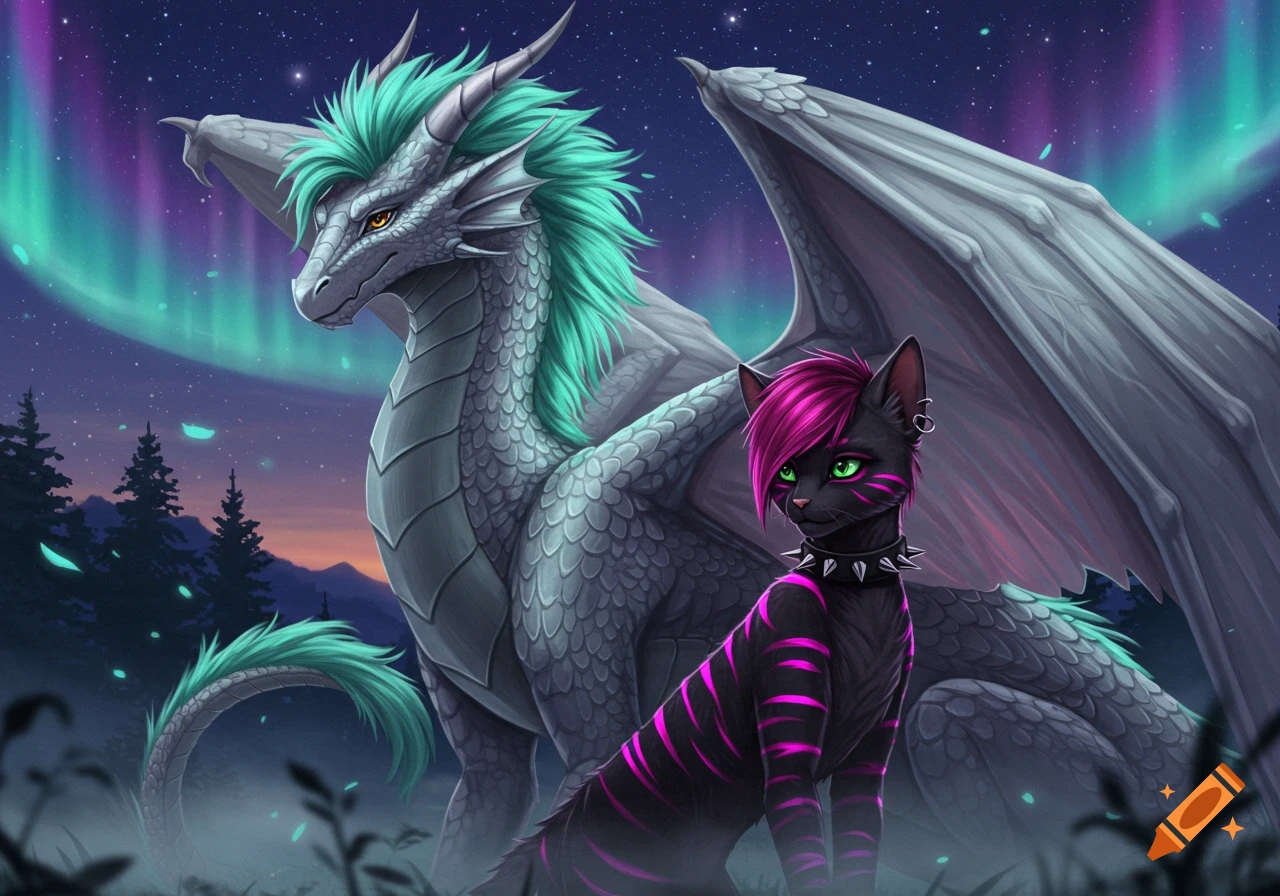 An illustrated silver dragon with mint mane and a black cat with pink emo hair and stripes under a starry night sky with aurora.