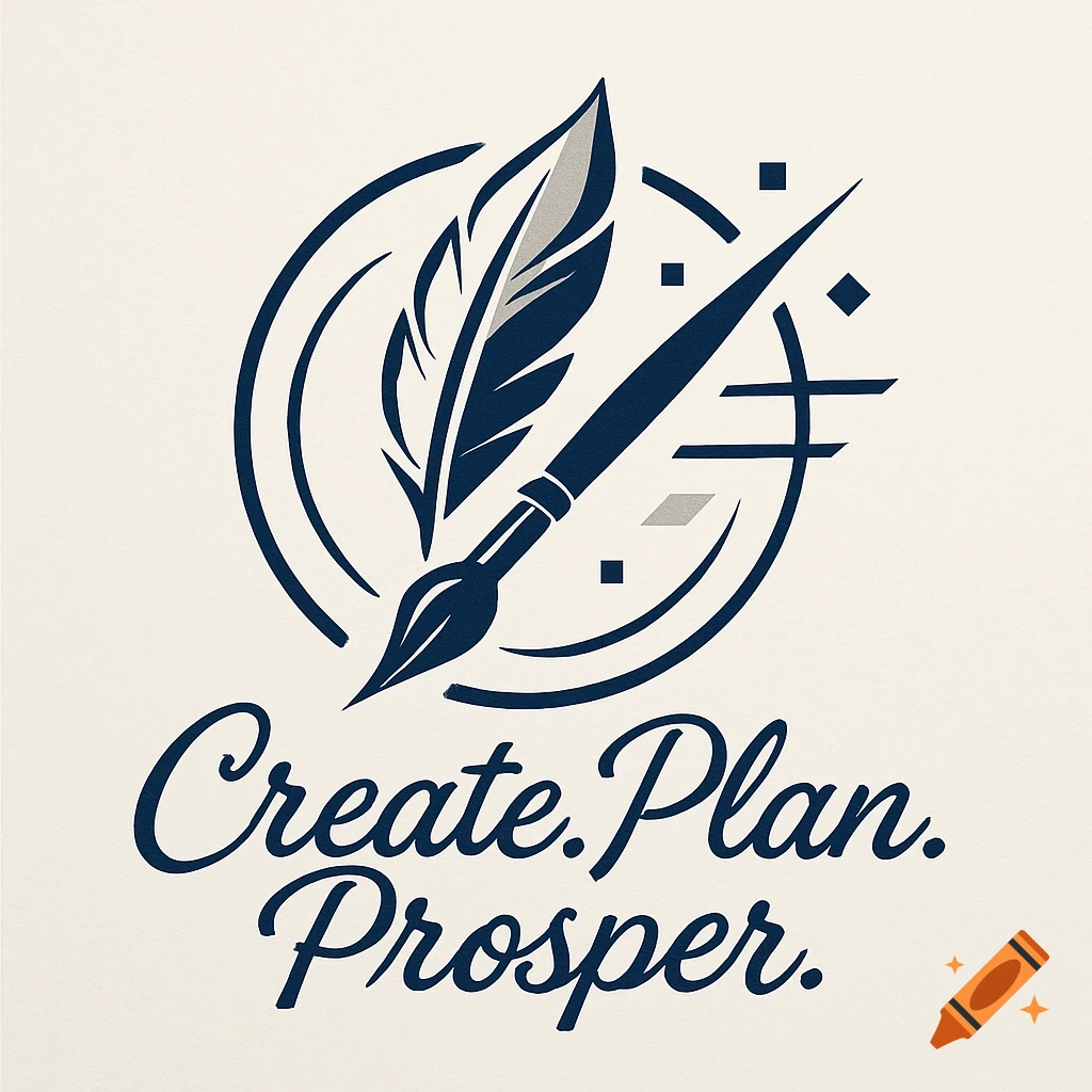 A dark blue logo with a feather and paintbrush in a circle, text reads 'Create. Plan. Prosper.'