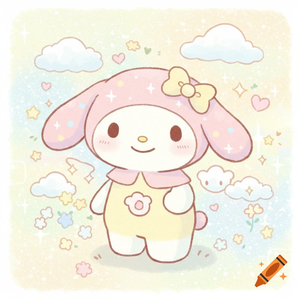 Cute pastel illustration of a white bunny character in a pink hooded outfit with a yellow bow, surrounded by clouds, stars, and hearts.