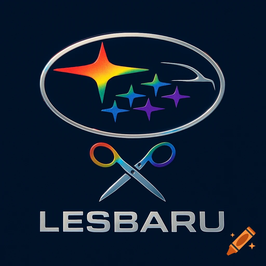 A stylized logo featuring a silver oval with rainbow-colored stars and a car silhouette. Below, a pair of rainbow-handled scissors crossed. The word "LESBARU" in silver text is at the bottom.