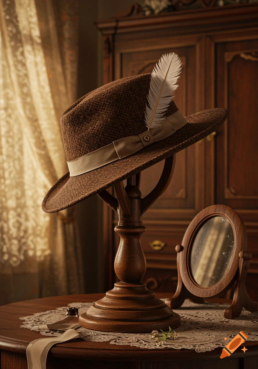 A brown fedora hat with a white feather on a wooden stand, set in a warm, vintage room with furniture and a mirror. Photorealistic.
