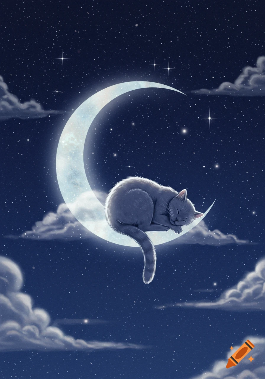 A grey cat sleeping curled up on a crescent moon in a dark blue starry night sky with some clouds.