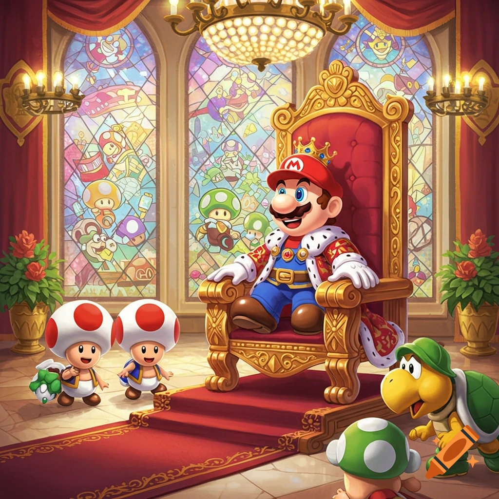 King Mario on a golden throne with Toads and a Koopa in a grand hall with colorful stained glass windows.