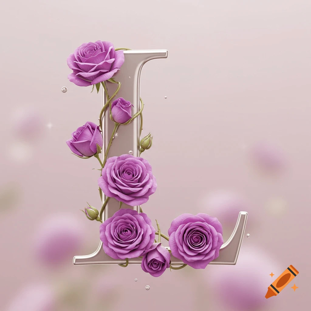 A silver capital letter L decorated with vibrant purple roses and buds against a soft pink background.