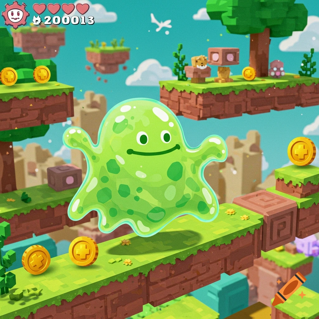 A cute green slime monster stands on a grassy block platform in a colorful retro video game world with floating islands, coins, and a score display.