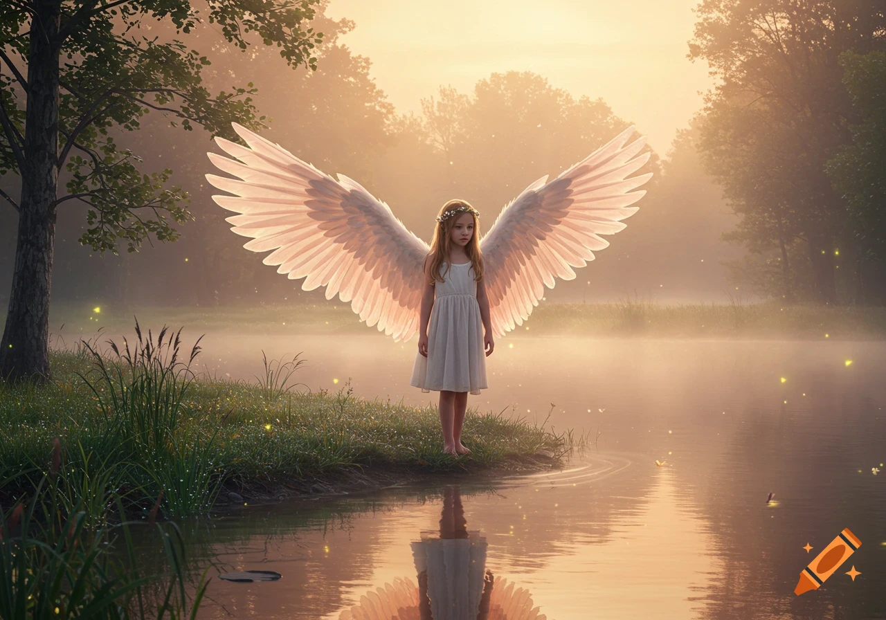A young girl with large white wings stands by a misty lake at sunset, surrounded by glowing particles and trees.