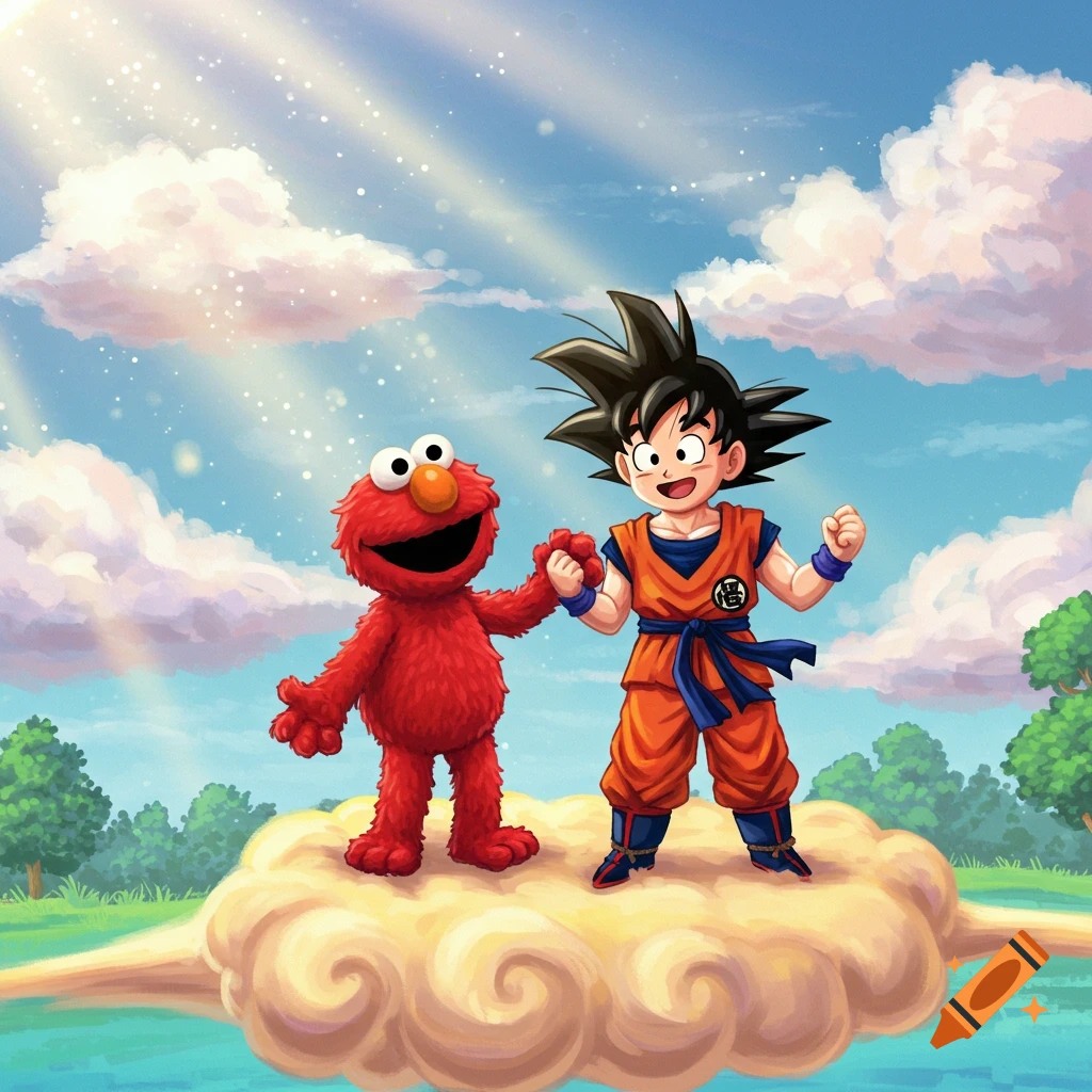 Elmo and young Goku holding hands on a flying Nimbus cloud in a blue sky, stylized as an anime illustration.