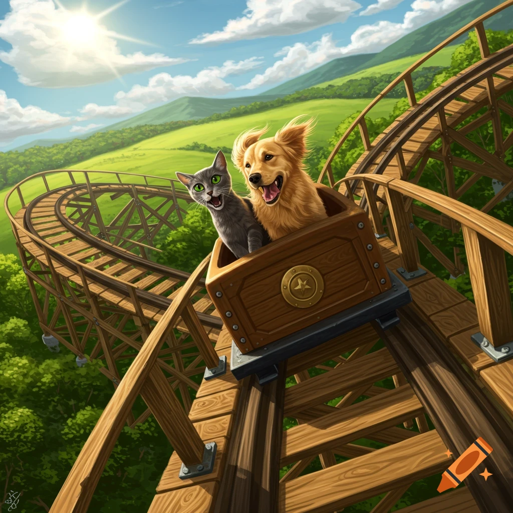 A happy golden retriever and a gray cat riding a wooden rollercoaster down a hill under a sunny sky in a lush green landscape, cartoon style.