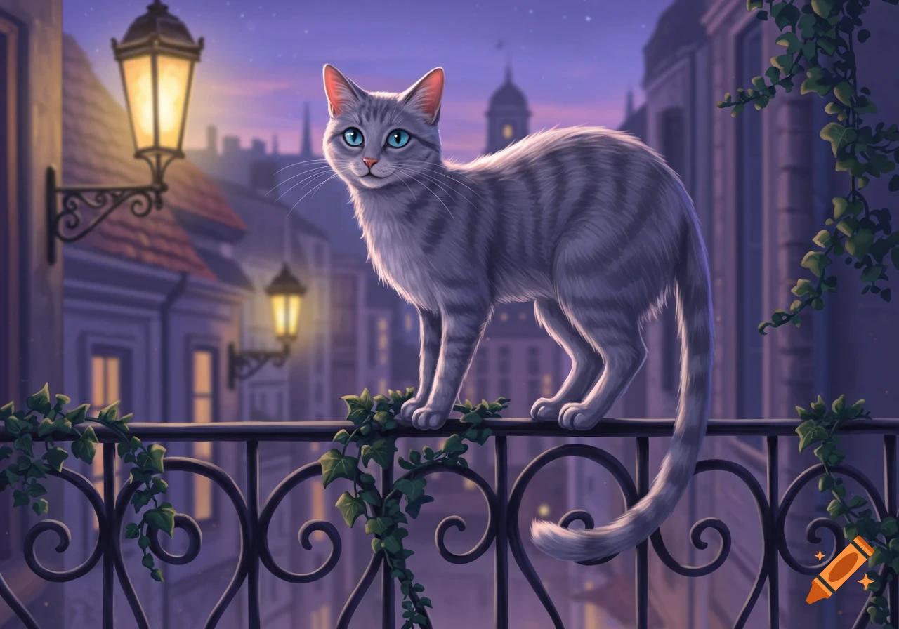 An illustrative gray tabby cat with blue eyes stands on a wrought-iron balcony railing at dusk, with glowing streetlights and city buildings in the background.