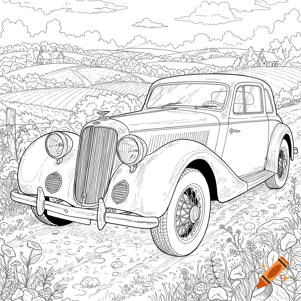 Black and white line art of a vintage car on a dirt road in a rural landscape with fields and houses, suitable for a coloring page.
