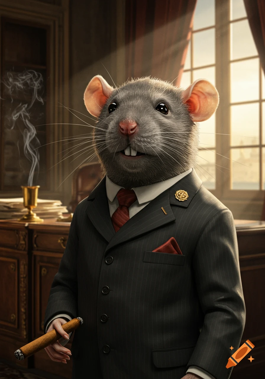 A photorealistic portrait of an anthropomorphic gray rat in a pinstripe suit, white shirt, and red tie, holding a cigar in an office.