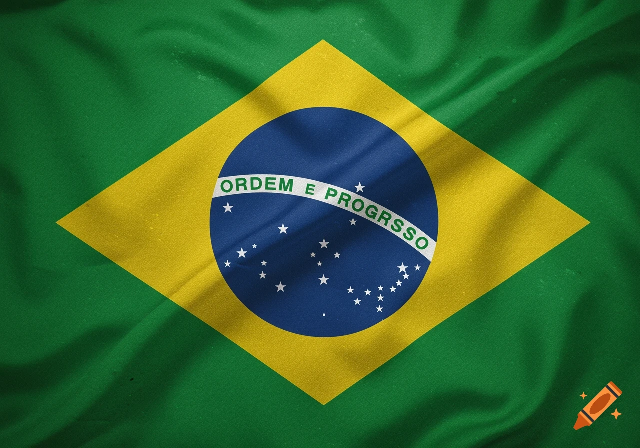 A close-up of a Brazilian flag waving with visible fabric texture and the motto "Ordem e Progresso."