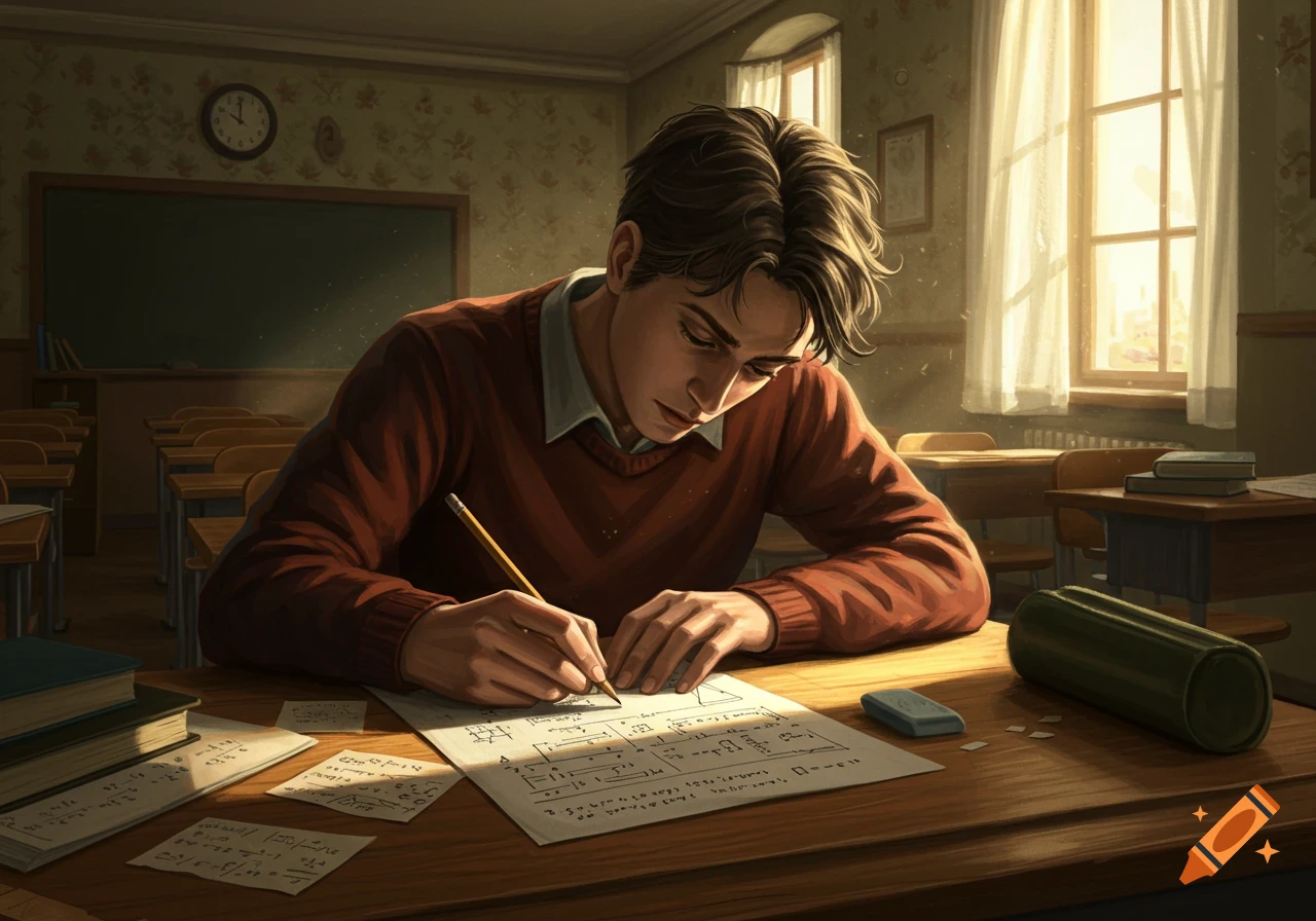 A male student in a classroom writes equations and diagrams on paper at a wooden desk.