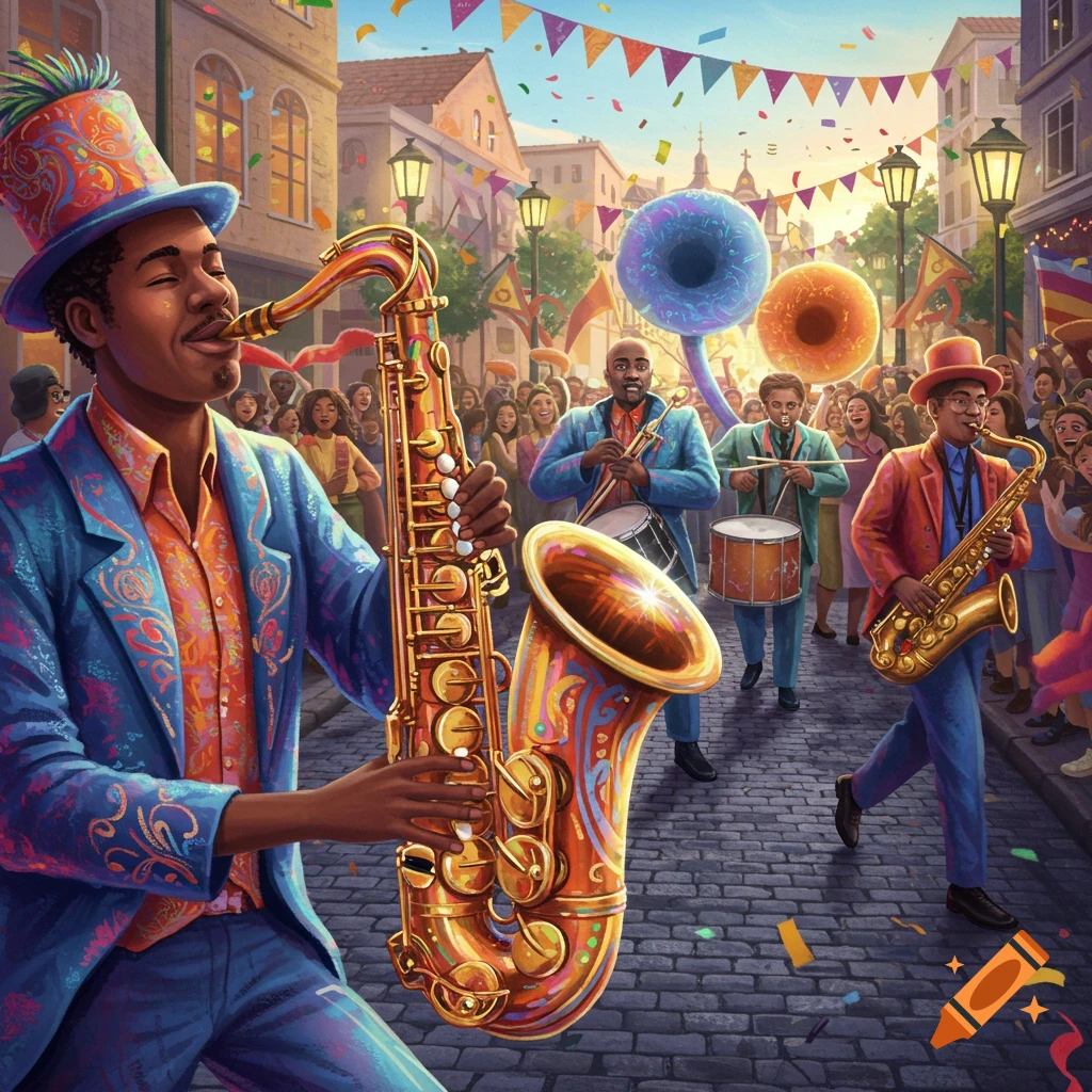 Colorful illustration of a band playing instruments in a lively street parade with confetti and a cheering crowd.