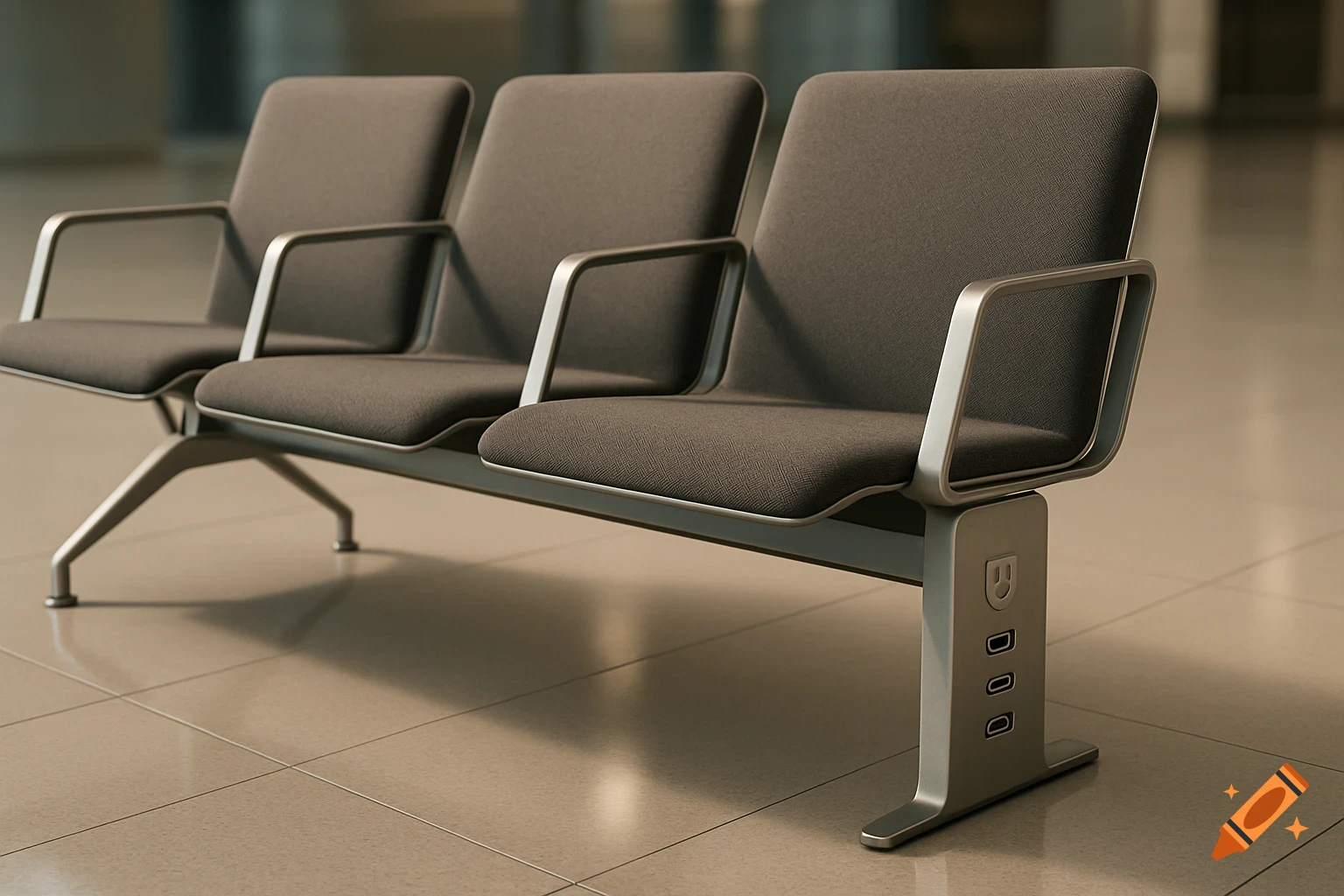 A photorealistic image of a modern airport bench with three grey seats, metal armrests, and charging ports on the leg.