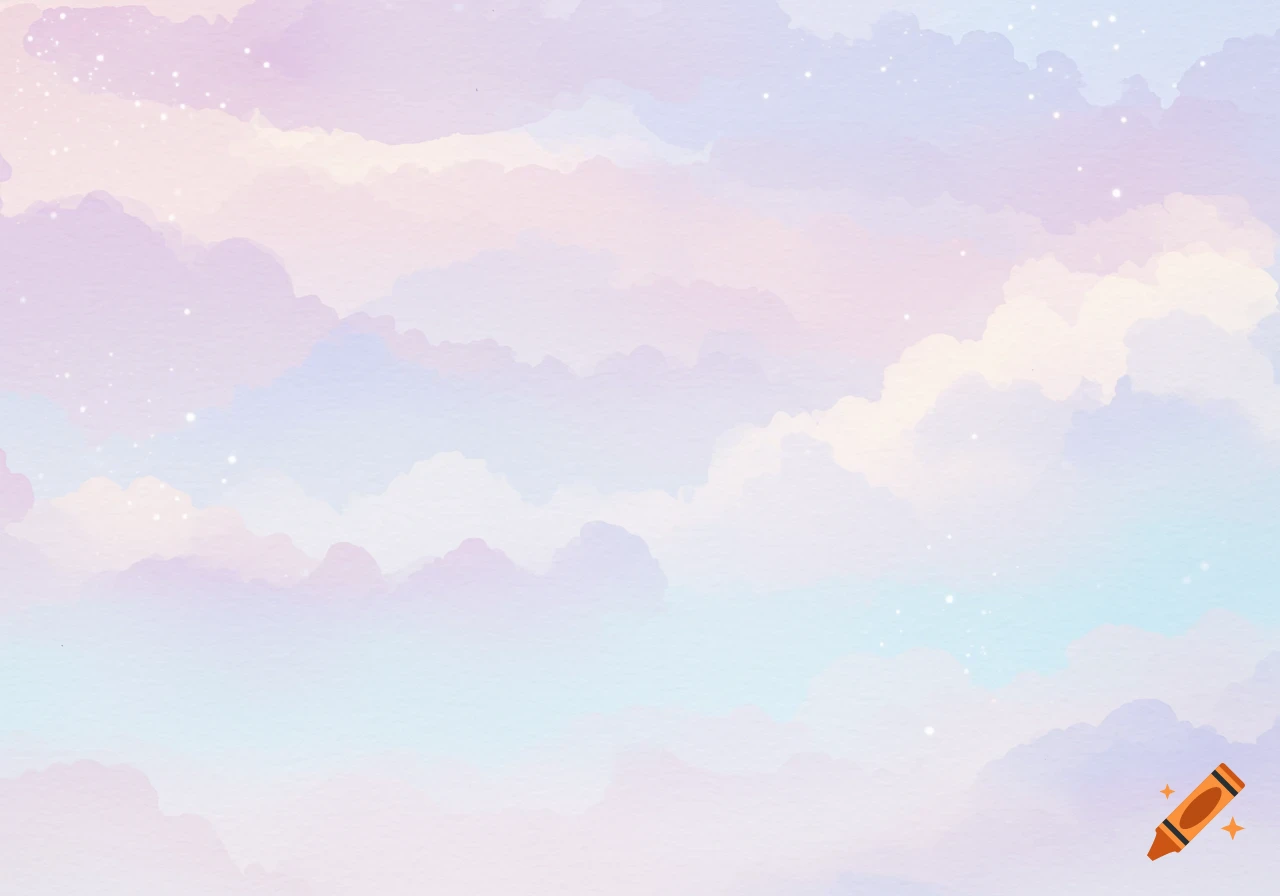 A soft watercolor sky with pastel pink, purple, and blue clouds, dotted with small white specks.