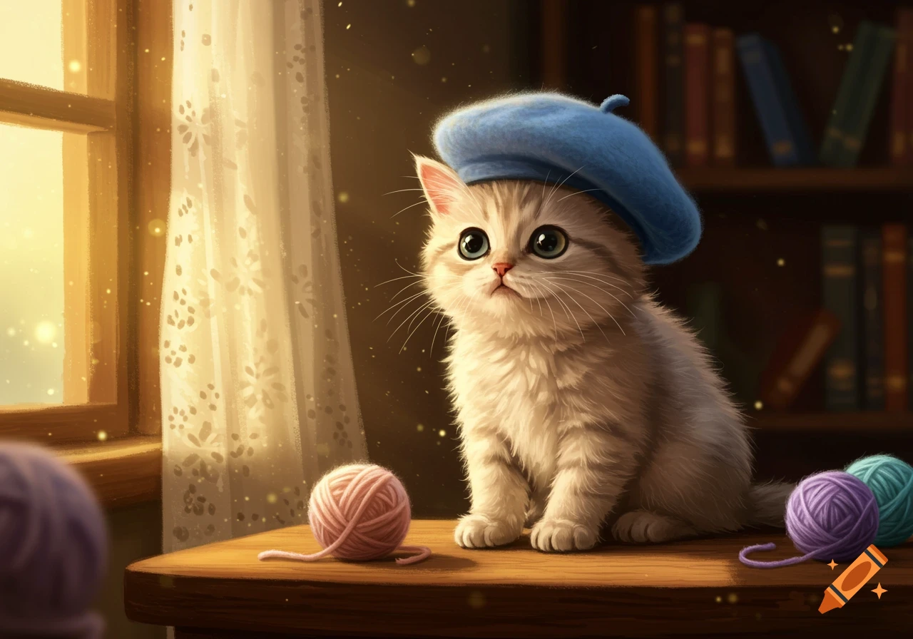 A fluffy kitten in a blue beret sits on a table with yarn by a sunlit window. Digital illustration.