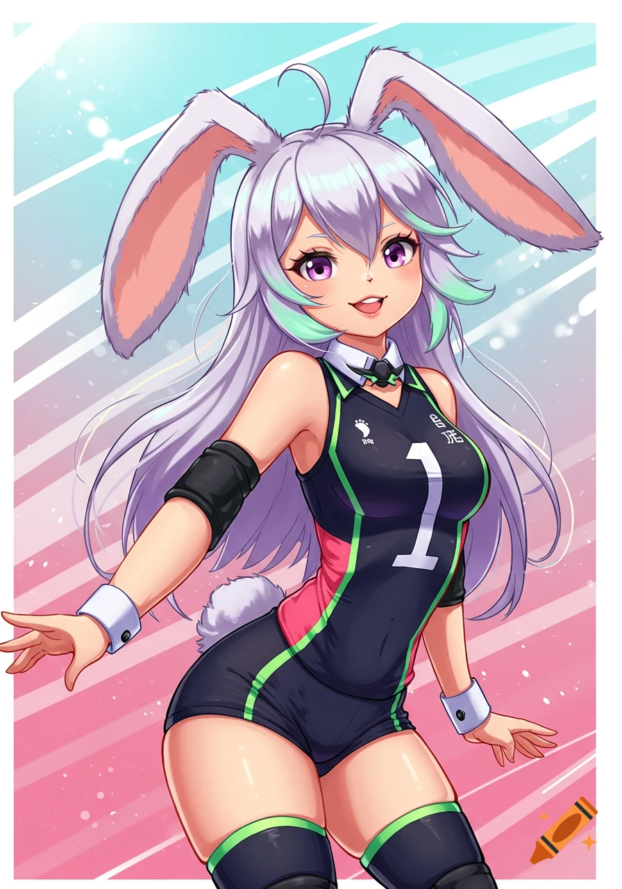 An anime bunny girl with long silver hair and purple eyes wears a black, pink, and green volleyball uniform with the number 1.