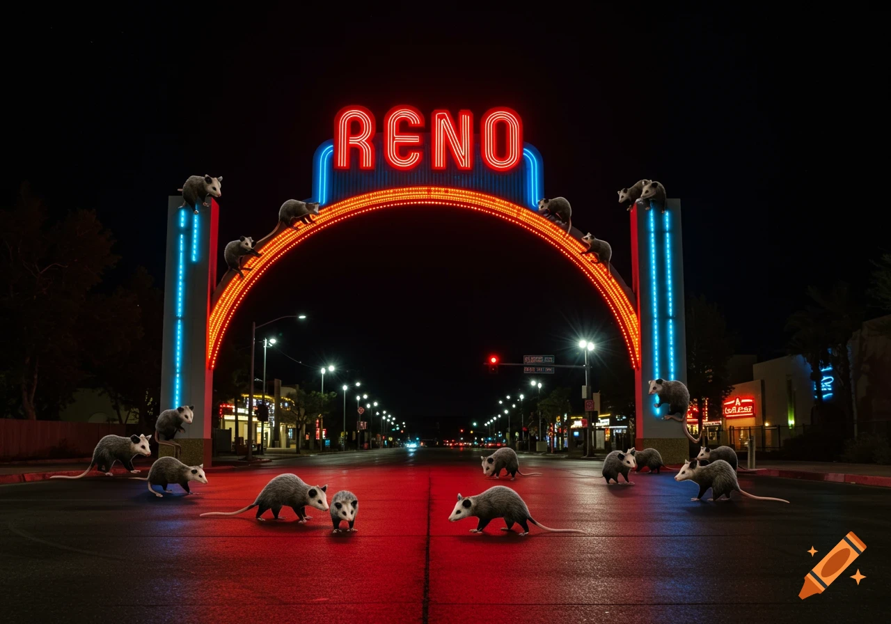Photorealistic night scene of the Reno Arch illuminated by neon lights, with numerous opossums on the arch and street.