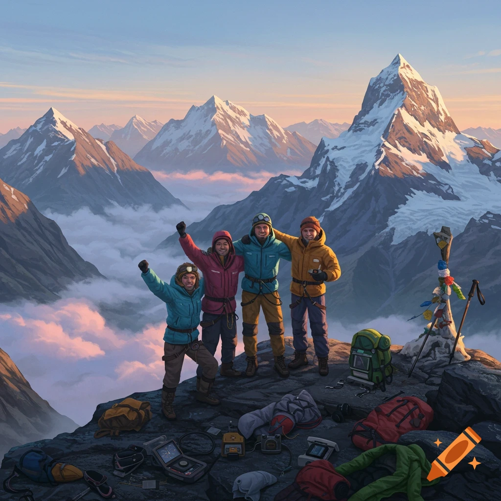 Four smiling researchers in winter gear celebrate on a rocky mountain peak overlooking a vast, cloud-filled valley with snow-capped mountains at sunrise, in a photorealistic style.