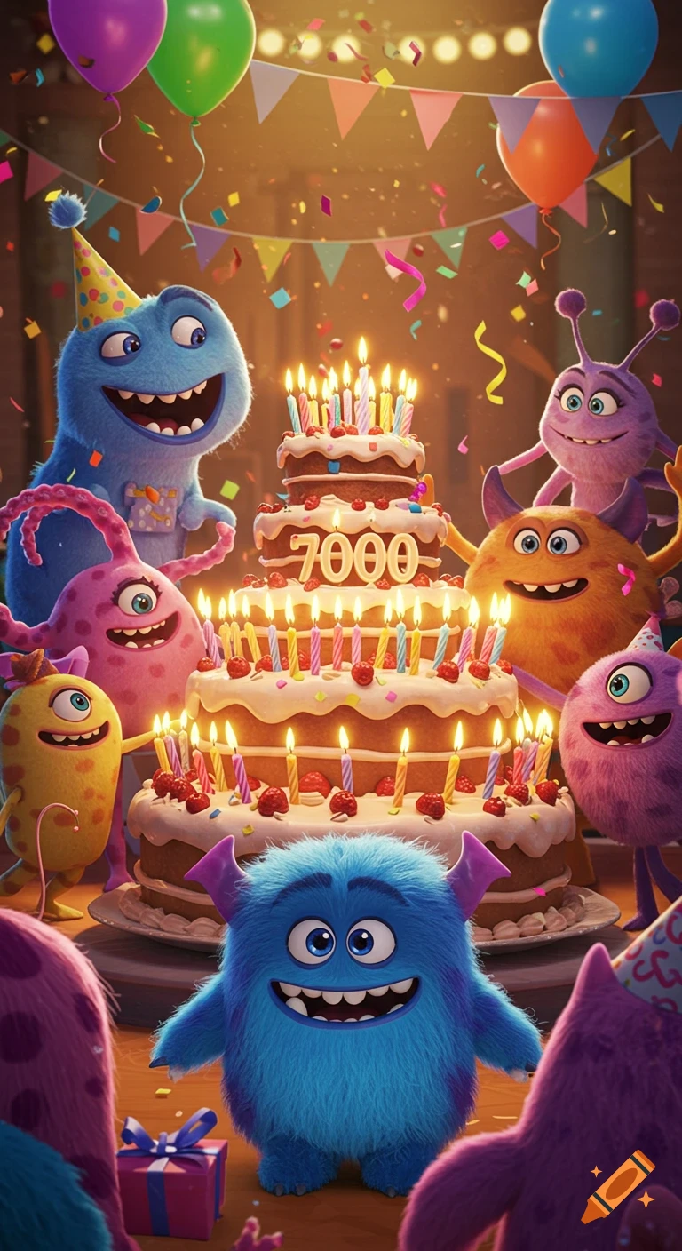 Colorful cartoon monsters celebrate a birthday around a large tiered cake with many candles and a "7000" sign.
